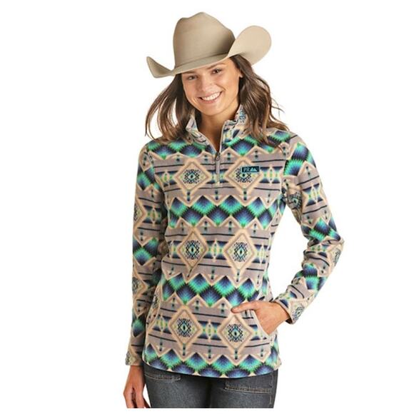Powder River Outfitters Panhandle Aztec Diamond Print Fleece Pullover - Size M - Picture 1 of 10